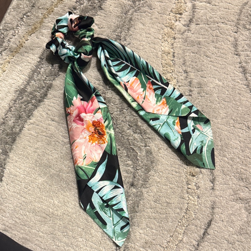 Floral Green and Pink Hair Scarf Scrunchie